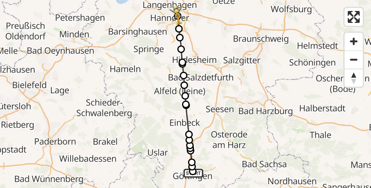 Flugroute Rettungshubschrauber Göttingen University Clinic Hubschrauberlandeplatz - Hannover Luftrettung Hubschrauberlandeplatz (Christoph 4), 10 Juli 2026, 16:44