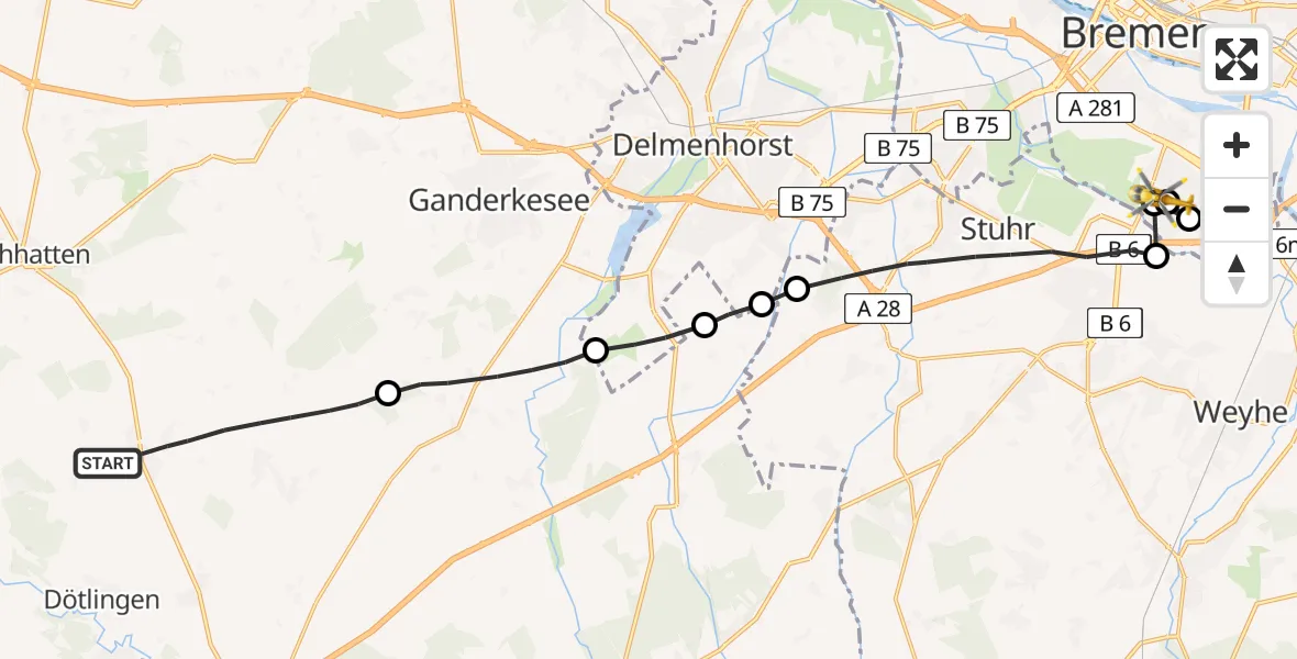 Flugroute Rettungshubschrauber Dötlingen - ADAC Air Rescue Station Bremen Hubschrauberlandeplatz (Christoph 6), 10 Juli 2026, 16:44