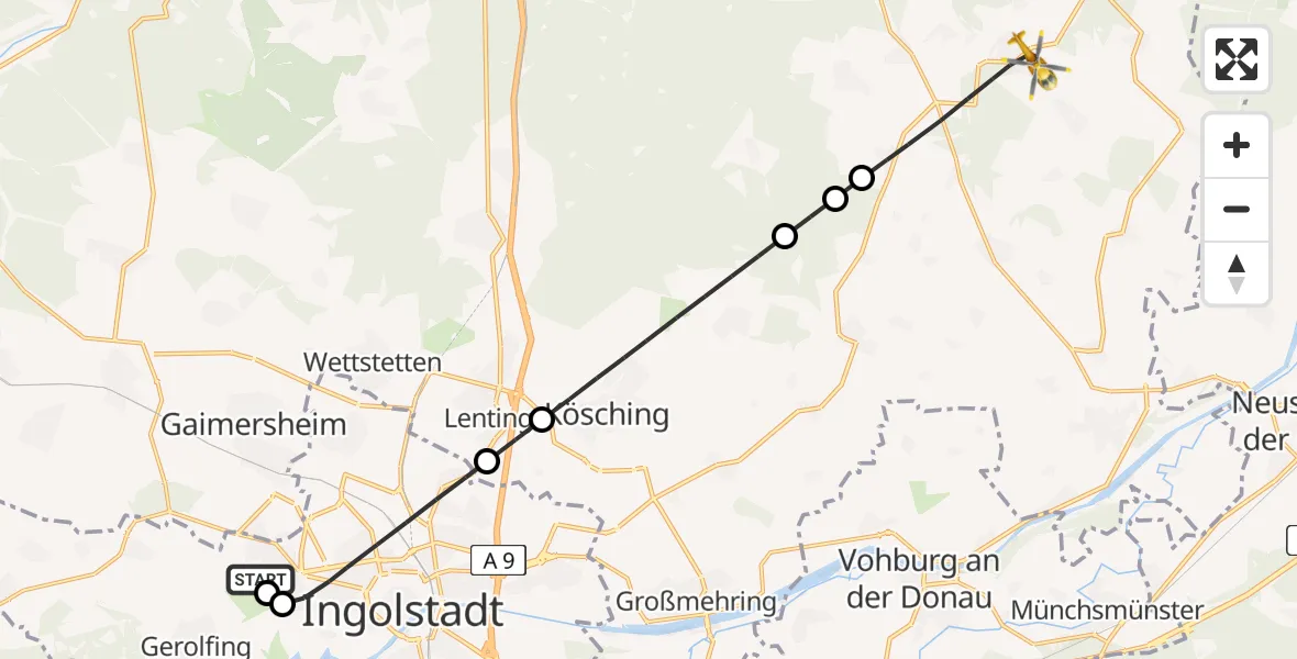 Flugroute Rettungshubschrauber Ingolstadt Hospital - Altmannstein, 10 Juli 2026, 16:44