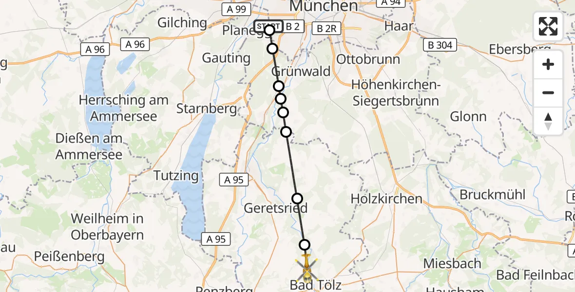 Flugroute Rettungshubschrauber DRF Air Rescue München Hubschrauberlandeplatz - Wackersberg, 10 Juli 2026, 16:45