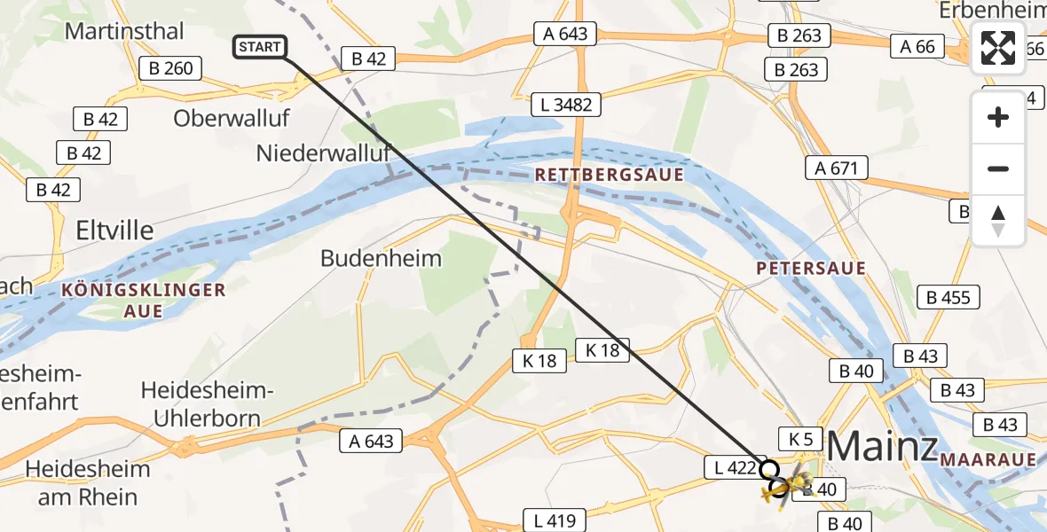Flugroute Rettungshubschrauber Walluf - Mainz University Hospital, 10 Juli 2026, 16:53