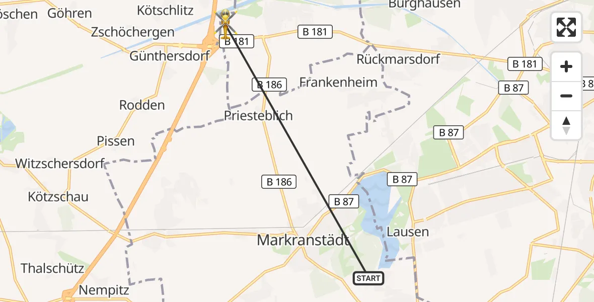Flugroute Rettungshubschrauber Markranstädt - ADAC Air Rescue Station Leipzig/Schkeuditz-Dölzig Hubschrauberlandeplatz (Christoph 61), 10 Juli 2026, 16:56