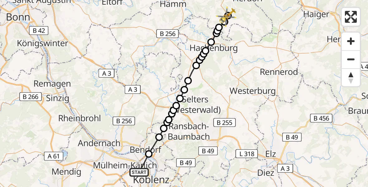 Flugroute Rettungshubschrauber Koblenz - Kausen, 10 Juli 2026, 16:57