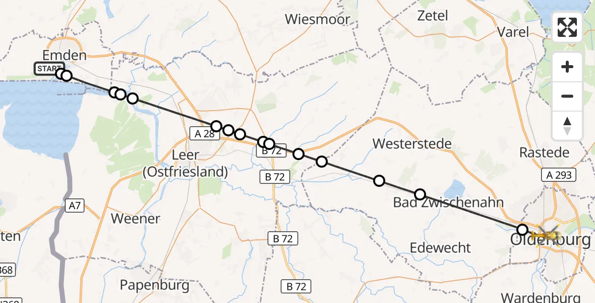 Flugroute Rettungshubschrauber Emden - Oldenburg (Oldb), 10 Juli 2026, 17:00