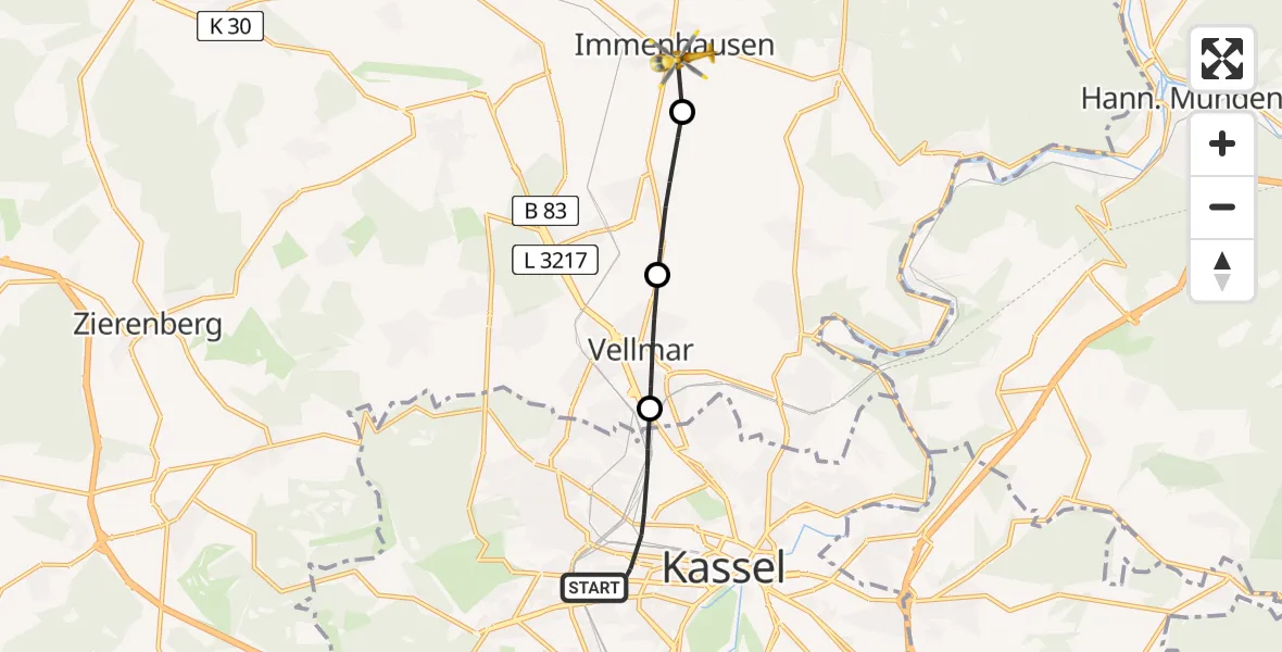 Flugroute Rettungshubschrauber Kassel - Immenhausen, 10 Juli 2026, 17:03