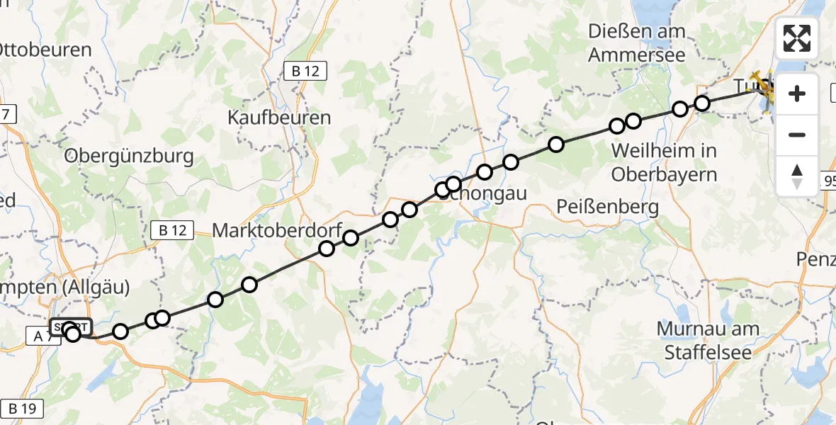 Flugroute Rettungshubschrauber Kempten-Durach Flugplatz - Benedictus Hospital, 10 Juli 2026, 17:03