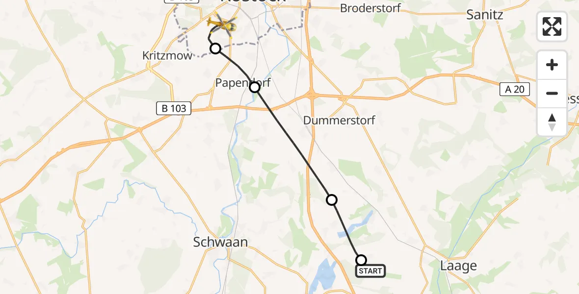 Flugroute Rettungshubschrauber Flughafen Rostock-Laage - Rostock, 10 Juli 2026, 17:05