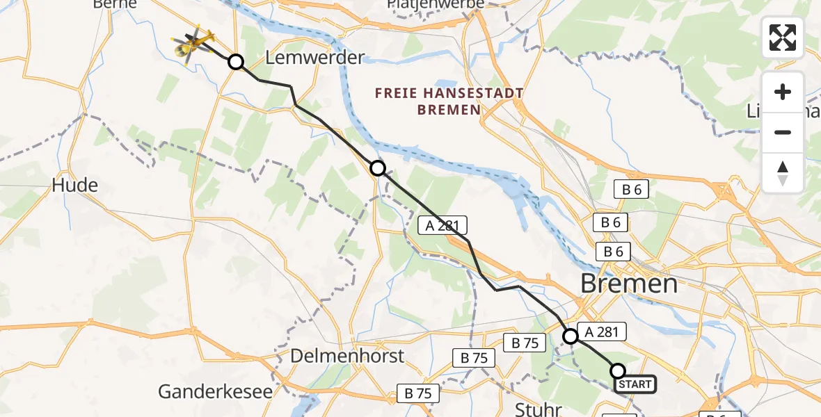 Flugroute Rettungshubschrauber ADAC Air Rescue Station Bremen Hubschrauberlandeplatz (Christoph 6) - Berne, 10 Juli 2026, 17:05