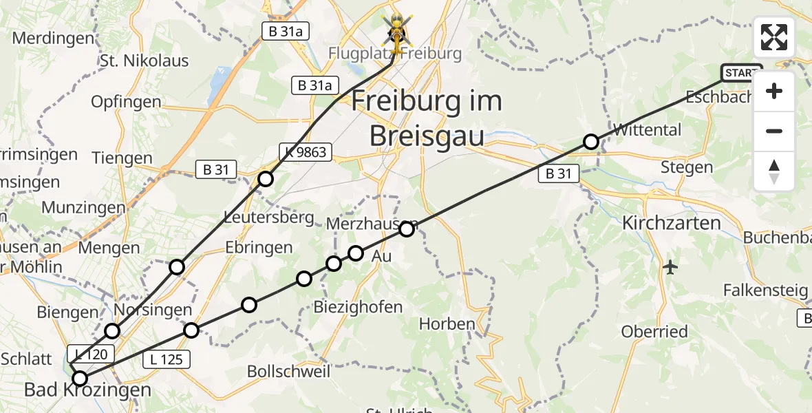 Flugroute Ambulanzhubschrauber Stegen - Freiburg im Breisgau Flugplatz, 10 Juli 2026, 17:08