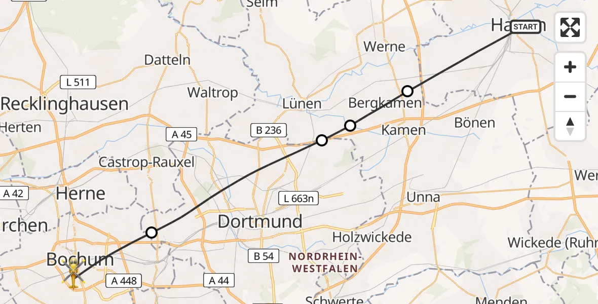 Flugroute Rettungshubschrauber Hamm - Bochum, 10 Juli 2026, 17:09