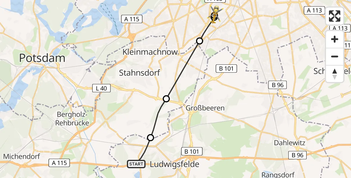 Flugroute Rettungshubschrauber Ludwigsfelde - Charité Clinic Benjamin Franklin Campus, 10 Juli 2026, 17:10