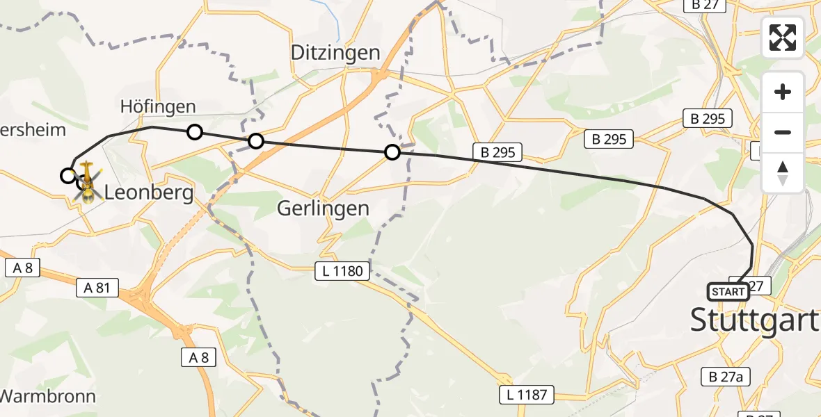 Flugroute Rettungshubschrauber Stuttgart - Leonberg Hospital, 10 Juli 2026, 17:11