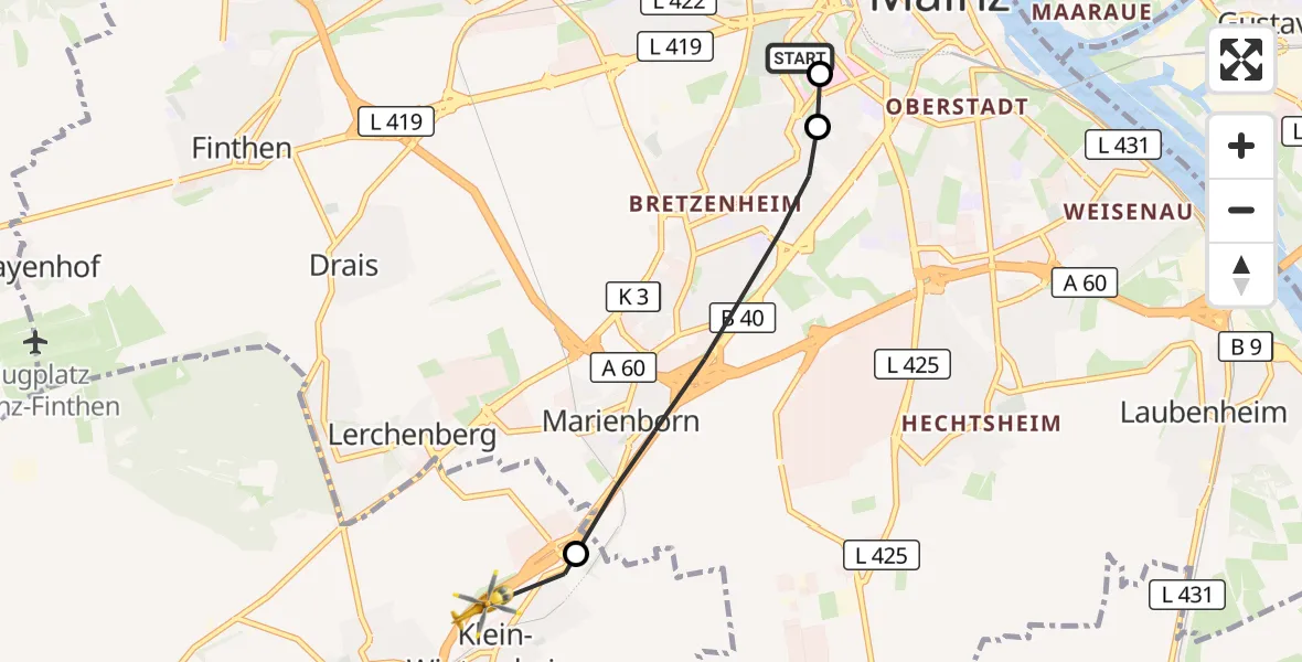 Flugroute Rettungshubschrauber Mainz University Hospital - Klein-Winternheim, 10 Juli 2026, 17:15