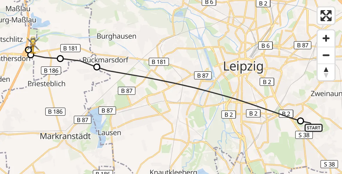 Flugroute Rettungshubschrauber Leipzig Heart Center Rooftop Hubschrauberlandeplatz - ADAC Air Rescue Station Leipzig/Schkeuditz-Dölzig Hubschrauberlandeplatz (Christoph 61), 10 Juli 2026, 17:17