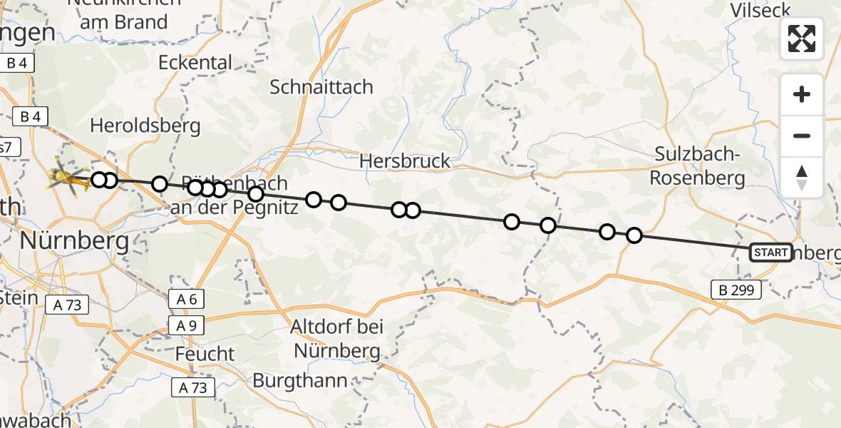 Flugroute Ambulanzhubschrauber Amberg - Flughafen Nuremberg, 10 Juli 2026, 17:17