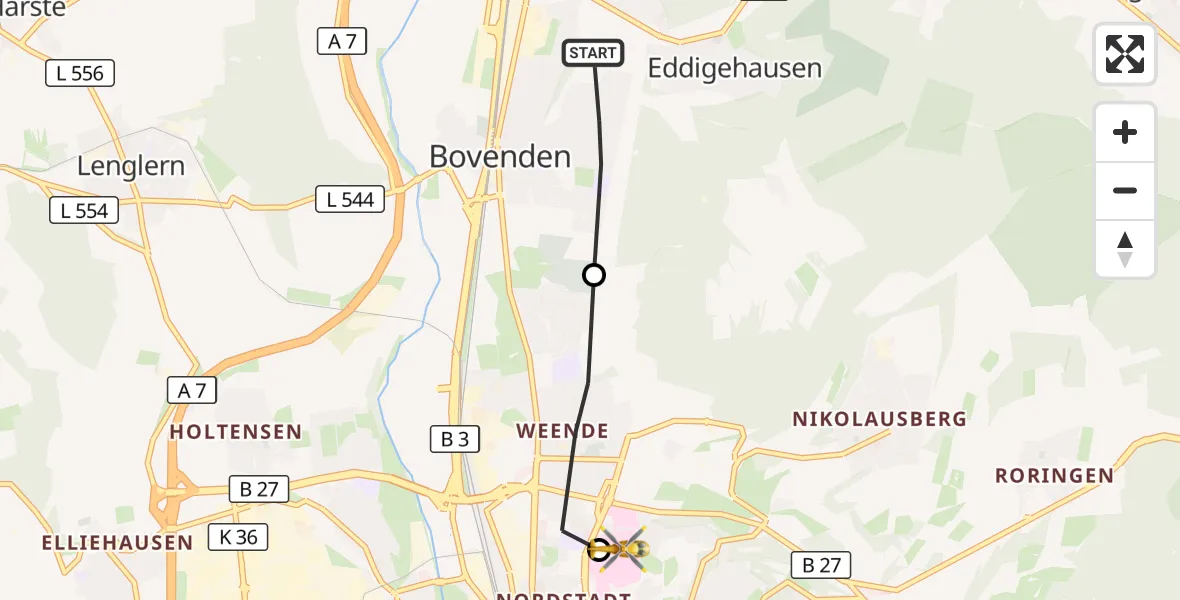 Flugroute Rettungshubschrauber Bovenden - Göttingen University Clinic Hubschrauberlandeplatz, 10 Juli 2026, 17:19