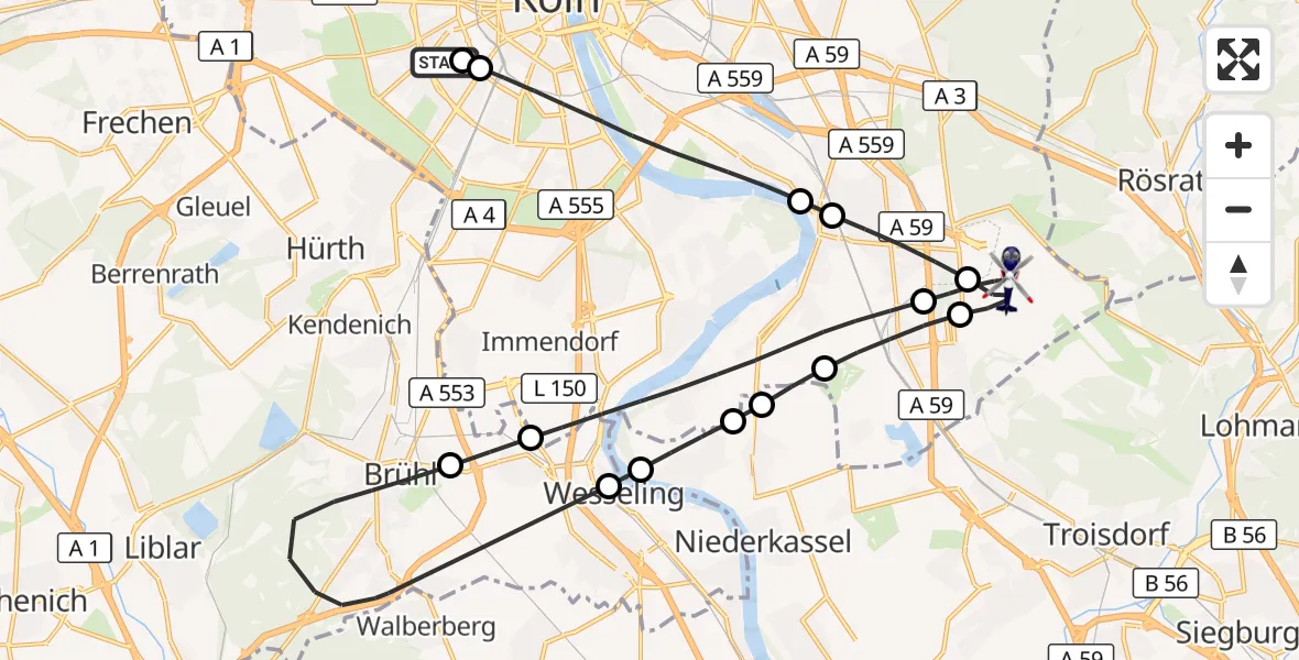 Flugroute Polizeihubschrauber Köln University Hospital - Köln Bonn Flughafen, 10 Juli 2026, 17:23