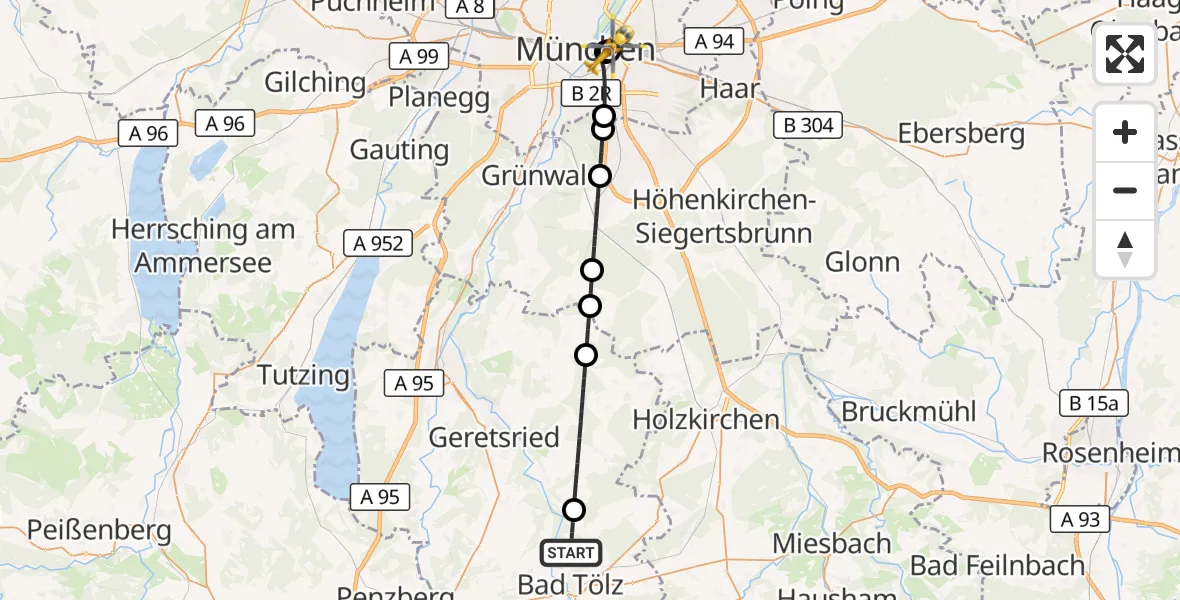 Flugroute Rettungshubschrauber Bad Tölz - Rechts der Isar University Hospital, 10 Juli 2026, 17:23