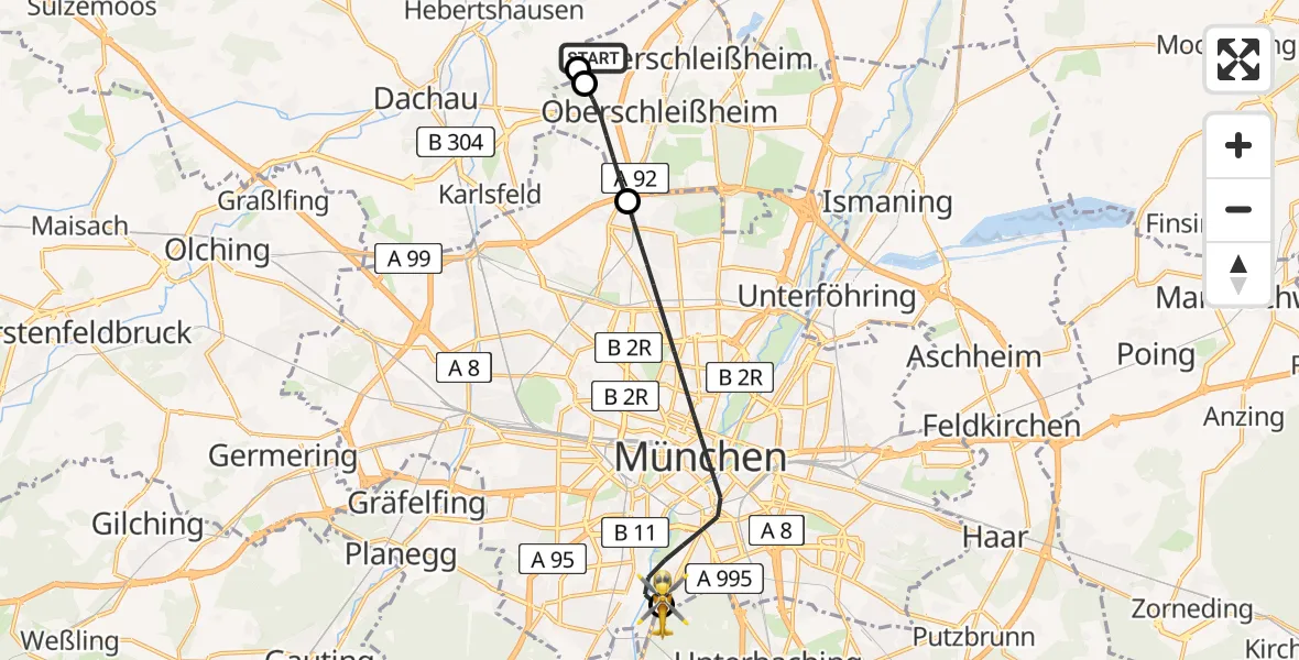 Flugroute Rettungshubschrauber Unterschleißheim - ADAC Air Rescue Center Hubschrauberlandeplatz (Christoph 1), 10 Juli 2026, 17:24