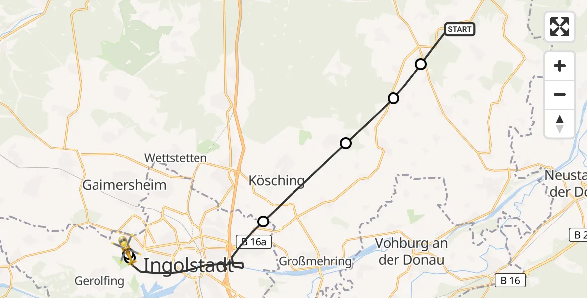 Flugroute Rettungshubschrauber Altmannstein - Ingolstadt Hospital, 10 Juli 2026, 17:25