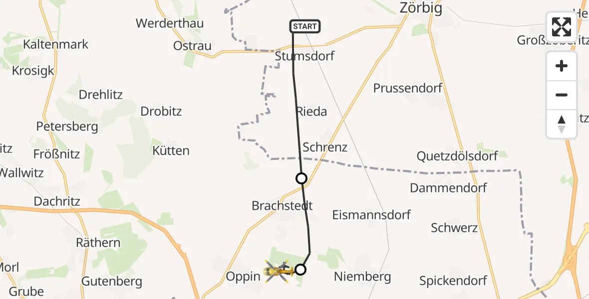Flugroute Rettungshubschrauber Zörbig - Halle-Oppin Flugplatz, 10 Juli 2026, 17:39