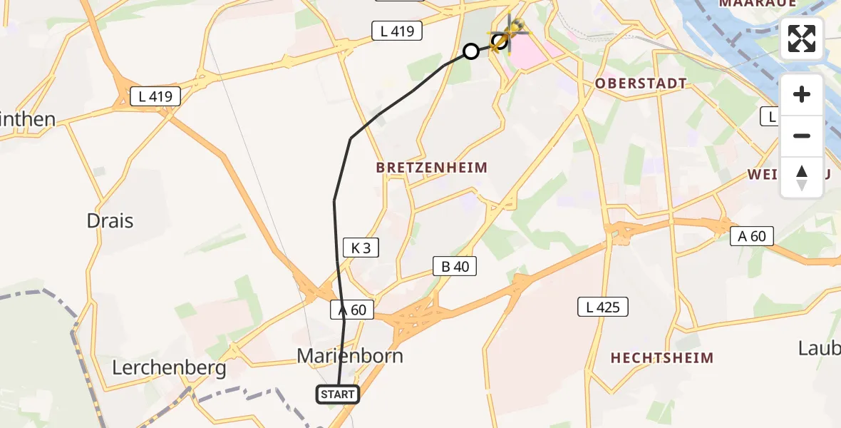 Flugroute Rettungshubschrauber Mainz - Mainz University Hospital, 10 Juli 2026, 17:40