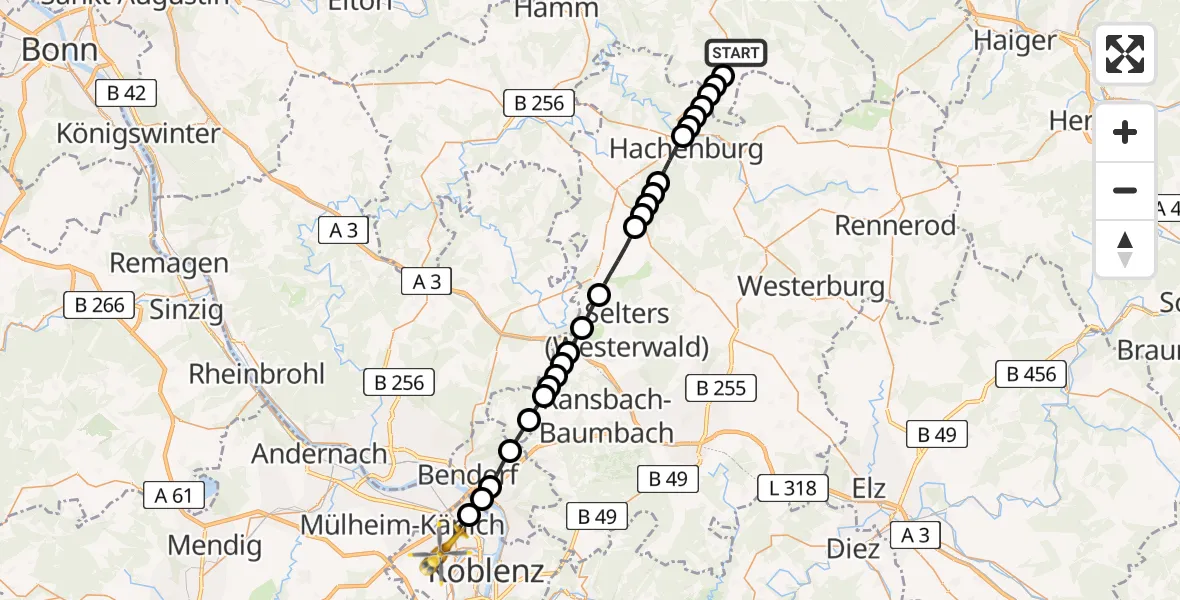 Flugroute Rettungshubschrauber Elkenroth - Koblenz, 10 Juli 2026, 17:44