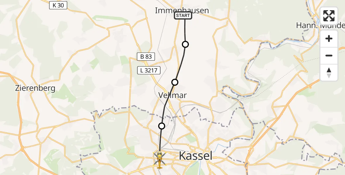 Flugroute Rettungshubschrauber Immenhausen - Kassel, 10 Juli 2026, 17:46