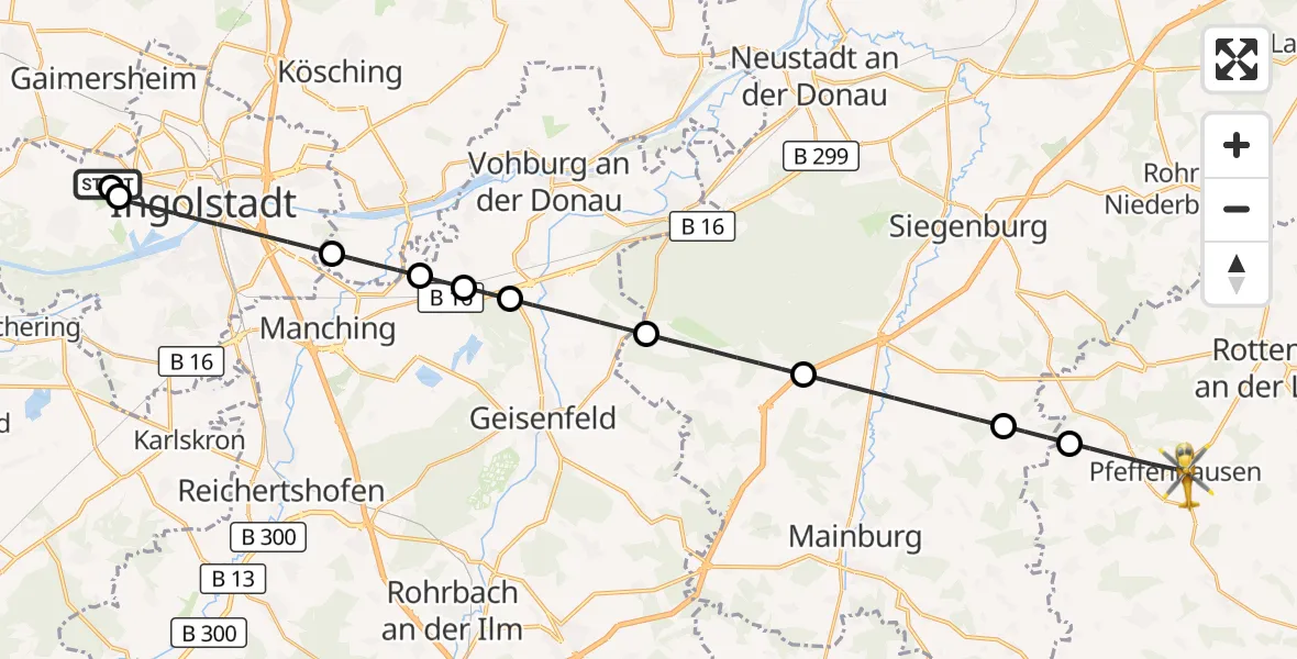 Flugroute Rettungshubschrauber Ingolstadt Hospital - Pfeffenhausen, 10 Juli 2026, 17:47