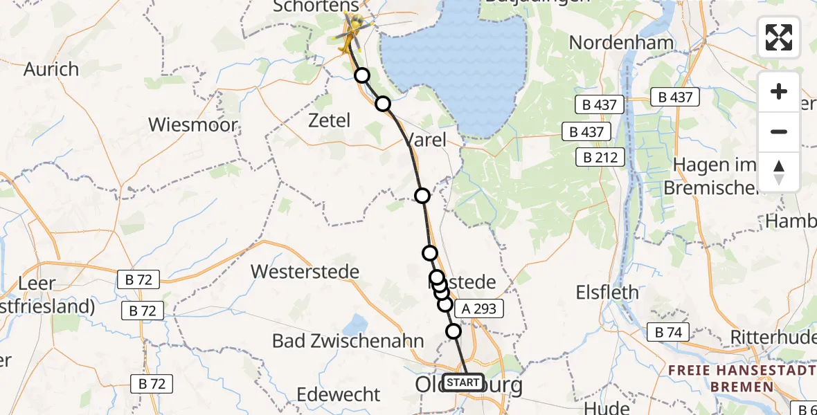 Flugroute Rettungshubschrauber Oldenburg (Oldb) - Sande, 10 Juli 2026, 17:48