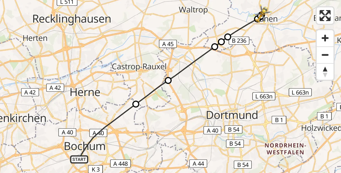 Flugroute Rettungshubschrauber Bochum - Sankt Marien Hospital, 10 Juli 2026, 17:56