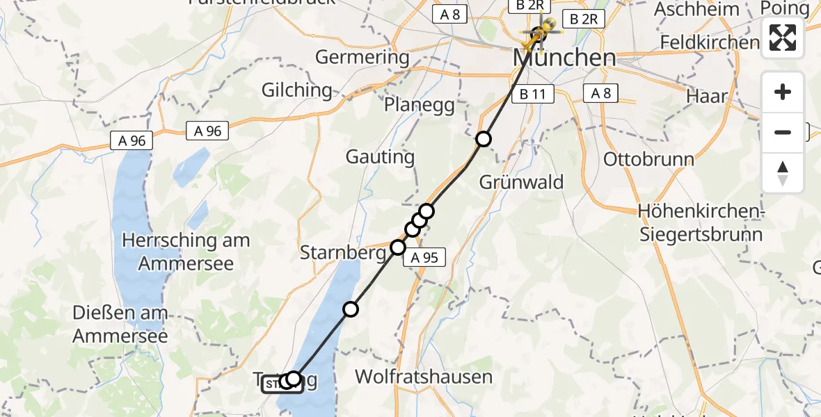 Flugroute Rettungshubschrauber Benedictus Hospital - Deutsches Herzzentrum München, 10 Juli 2026, 17:59