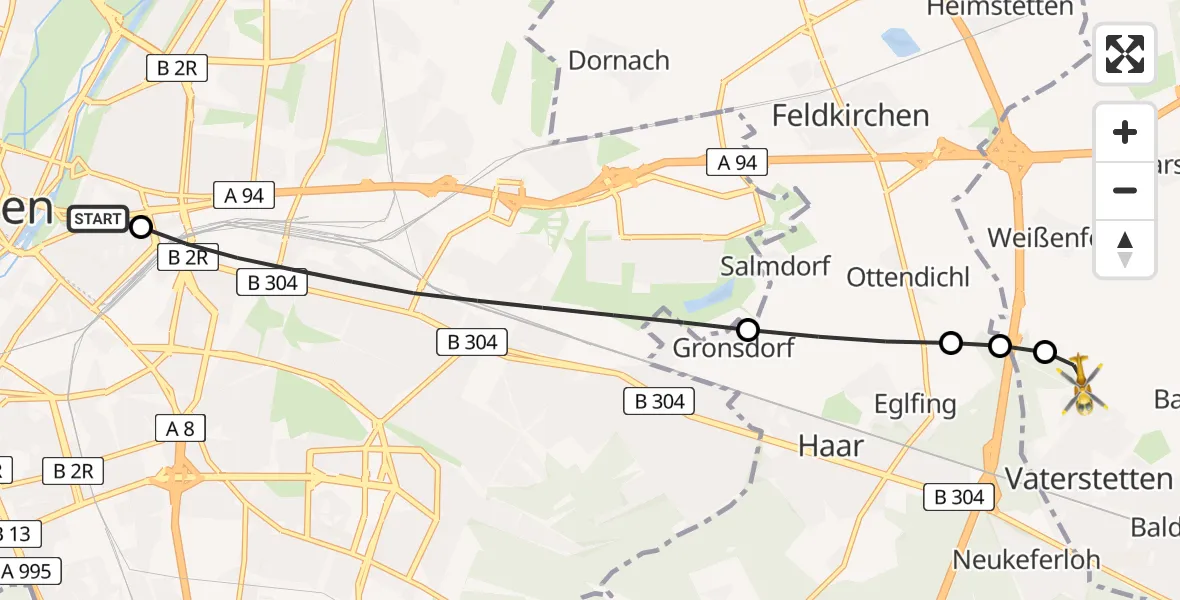 Flugroute Rettungshubschrauber Rechts der Isar University Hospital - Vaterstetten, 10 Juli 2026, 18:03