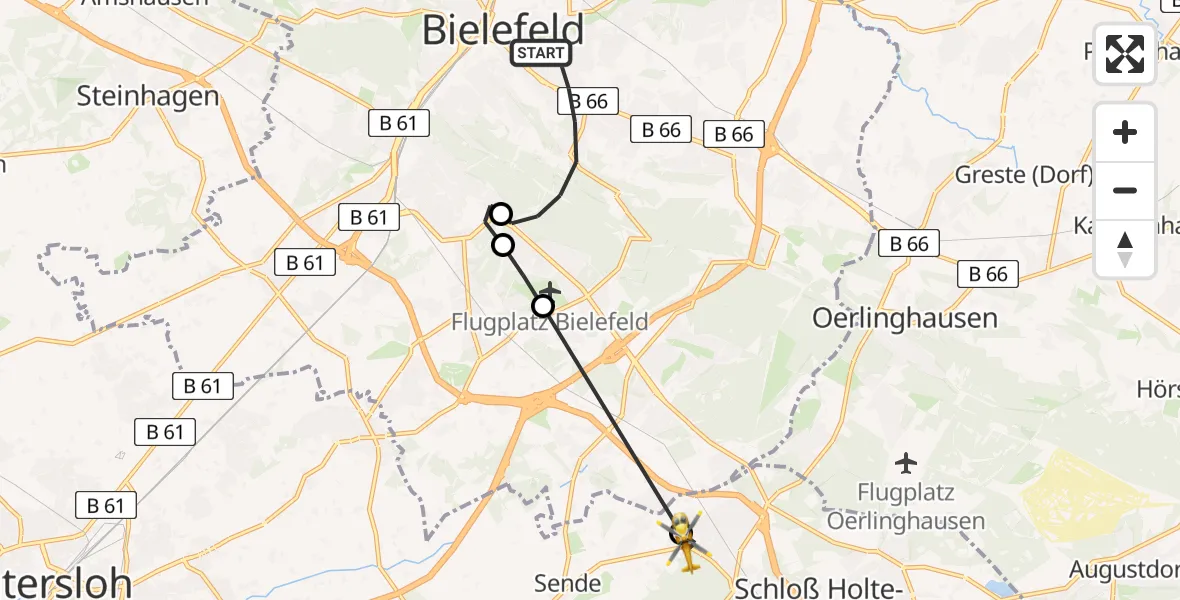 Flugroute Rettungshubschrauber Bielefeld - Schloß Holte-Stukenbrock, 10 Juli 2026, 18:03