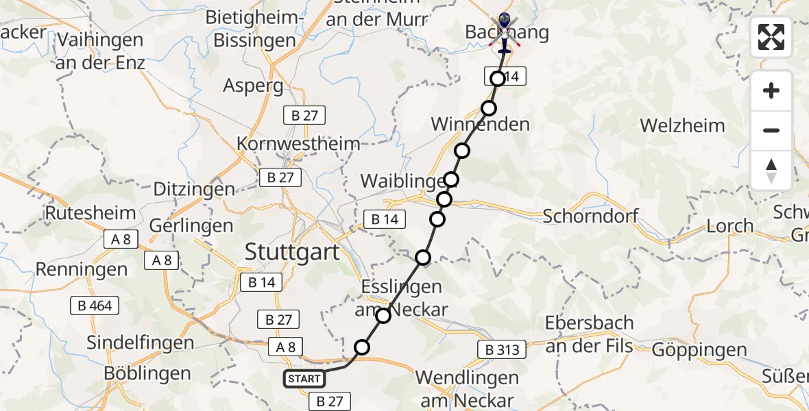 Flugroute Polizeihubschrauber Flughafen Stuttgart - Backnang, 10 Juli 2026, 18:08
