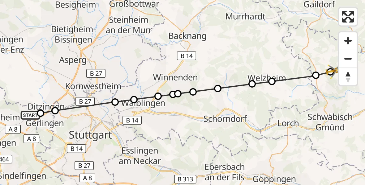 Flugroute Rettungshubschrauber Leonberg - Ruppertshofen, 10 Juli 2026, 18:10