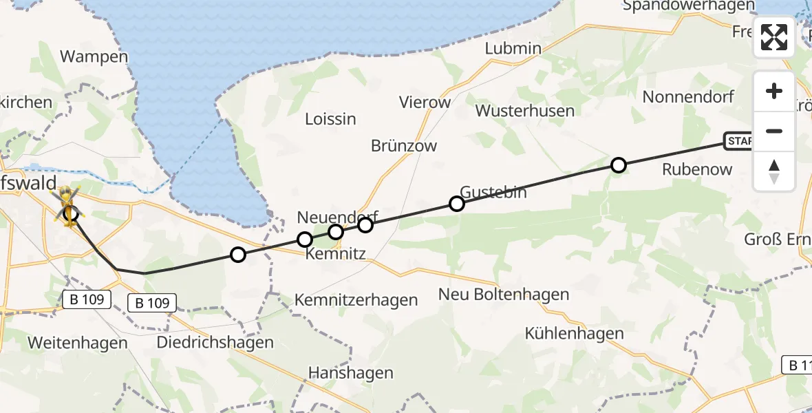 Flugroute Rettungshubschrauber Rubenow - Greifswald Hospital, 10 Juli 2026, 18:10