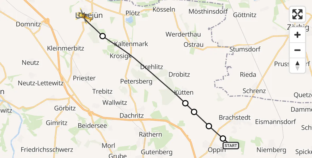 Flugroute Rettungshubschrauber Halle-Oppin Flugplatz - Wettin-Löbejün, 10 Juli 2026, 18:10