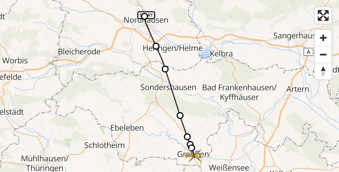Flugroute Rettungshubschrauber Südharz Hospital Nordhausen - Greußen, 10 Juli 2026, 18:12