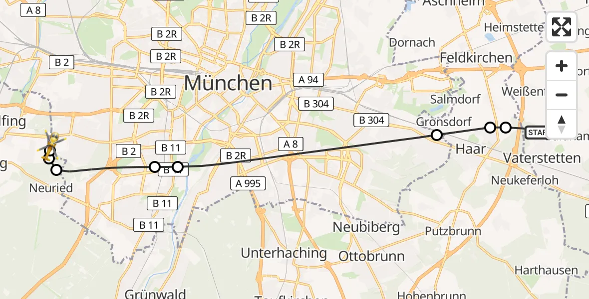 Flugroute Rettungshubschrauber Vaterstetten - DRF Air Rescue München Hubschrauberlandeplatz, 10 Juli 2026, 18:17