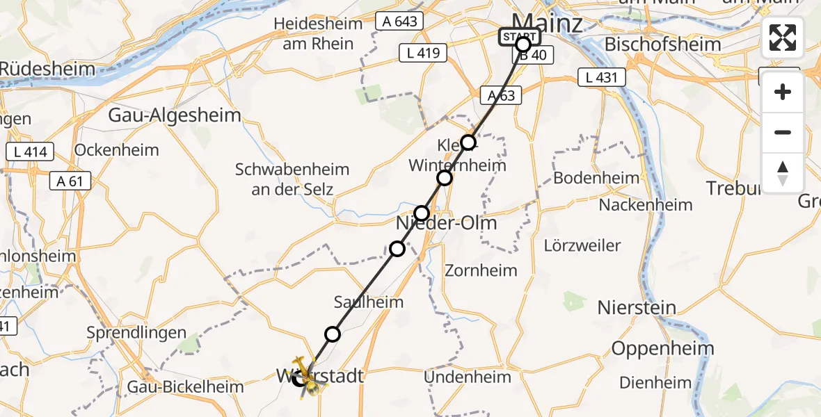 Flugroute Rettungshubschrauber Mainz University Hospital - Wörrstadt, 10 Juli 2026, 18:17