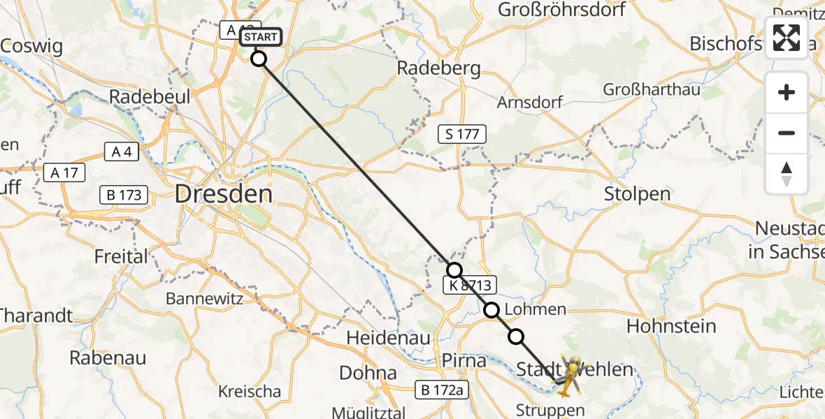 Flugroute Rettungshubschrauber Dresden Flughafen - Stadt Wehlen, 10 Juli 2026, 18:19