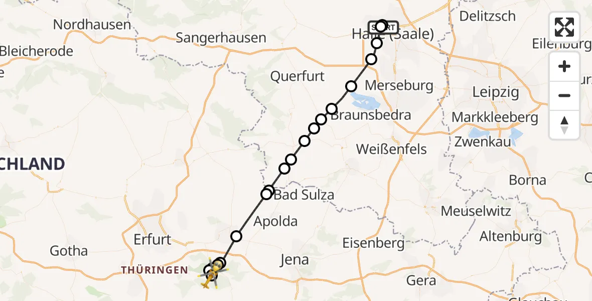 Flugroute Ambulanzhubschrauber Halle (Saale) University Hospital - DRF Rettungsstation Bad Berka Hubschrauberlandeplatz, 10 Juli 2026, 18:22