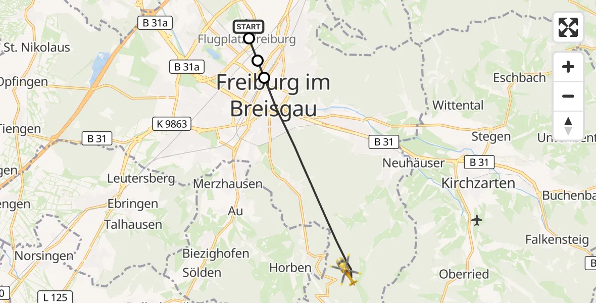 Flugroute Ambulanzhubschrauber Freiburg im Breisgau Flugplatz - Freiburg im Breisgau, 10 Juli 2026, 18:23