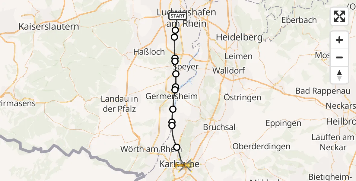 Flugroute Rettungshubschrauber Ludwigshafen am Rhein - Karlsruhe, 10 Juli 2026, 18:24