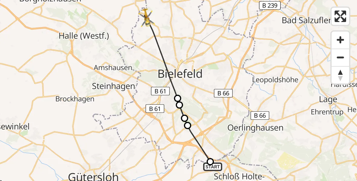 Flugroute Rettungshubschrauber Schloß Holte-Stukenbrock - Bielefeld, 10 Juli 2026, 18:29