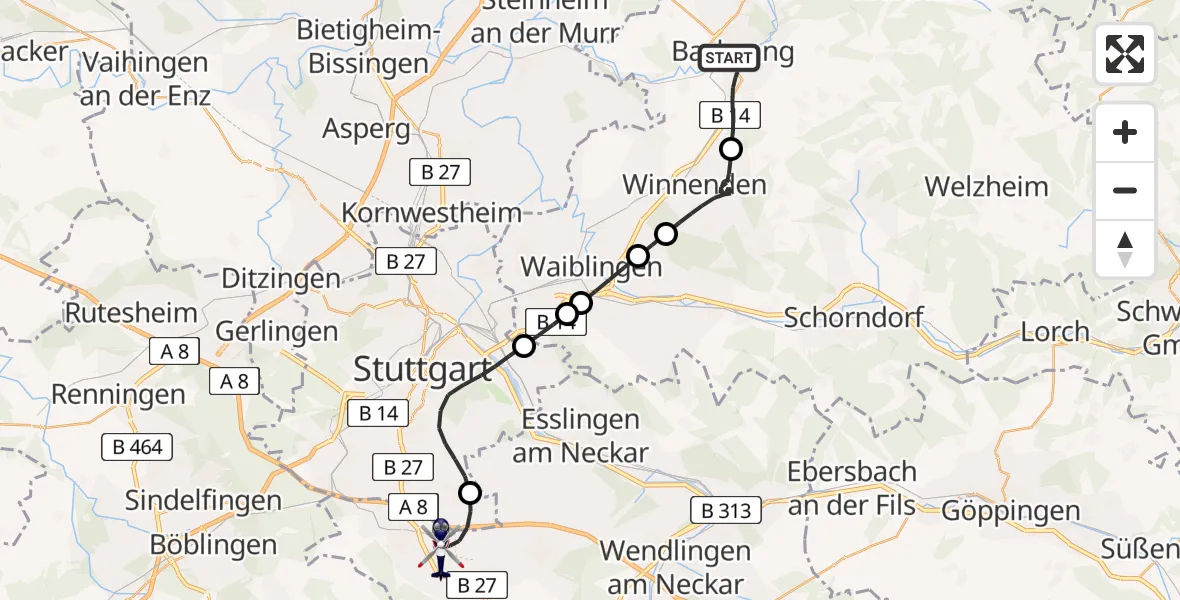 Flugroute Polizeihubschrauber Backnang - Flughafen Stuttgart, 10 Juli 2026, 18:29