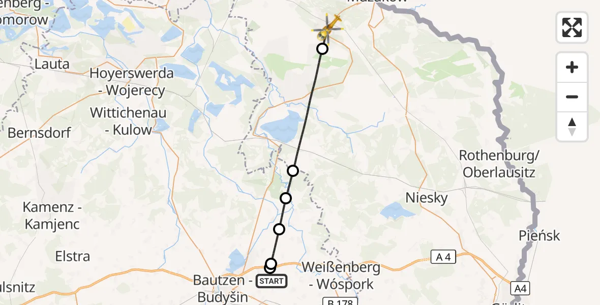 Flugroute Rettungshubschrauber Bautzen Flugplatz - Weißwasser/O.L., 10 Juli 2026, 18:30