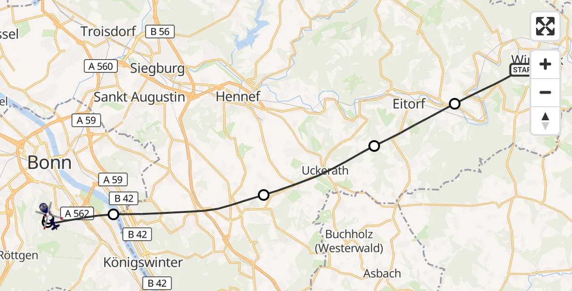 Flugroute Polizeihubschrauber Windeck - Bonn University Hospital, 10 Juli 2026, 18:31