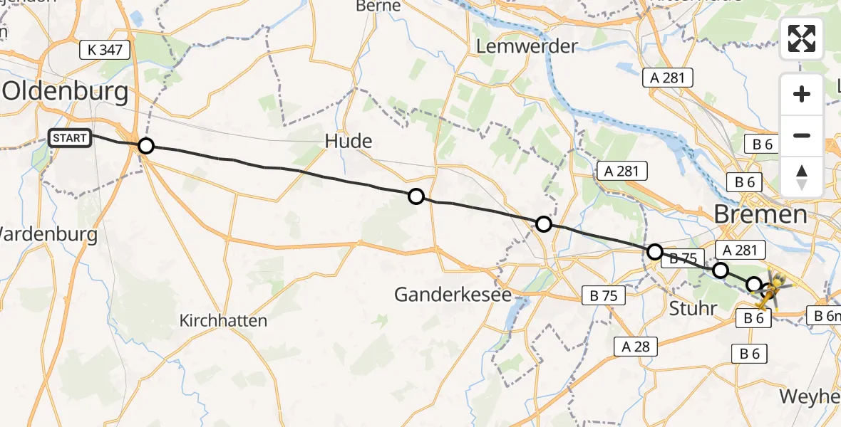 Flugroute Rettungshubschrauber Oldenburg (Oldb) - ADAC Air Rescue Station Bremen Hubschrauberlandeplatz (Christoph 6), 10 Juli 2026, 18:35